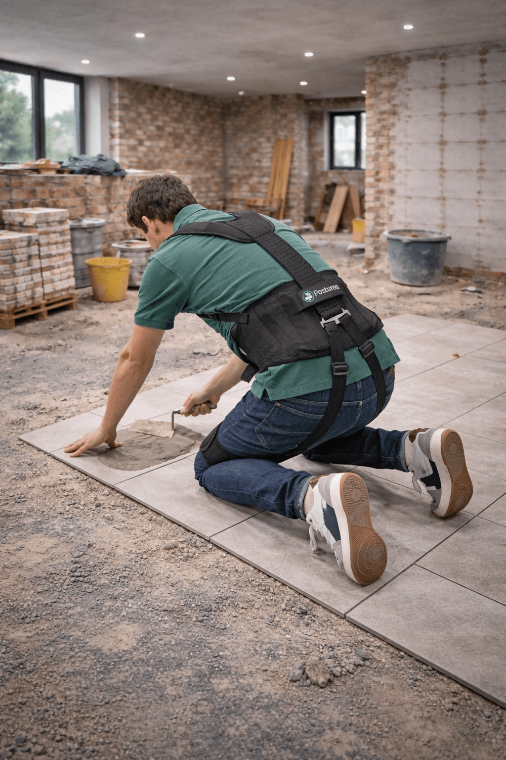 Carreleur équipé d’un exosquelette travaillant au sol sur un chantier