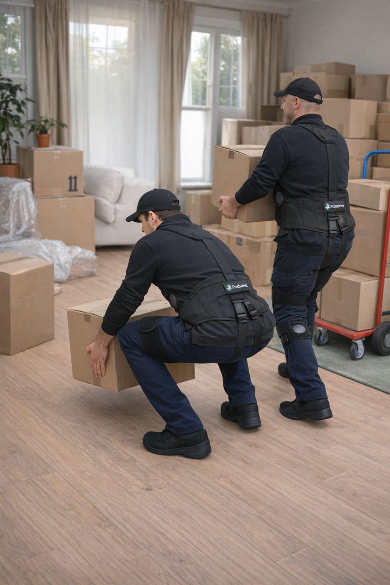 Déménageur équipé d’un exosquelette soulevant un carton