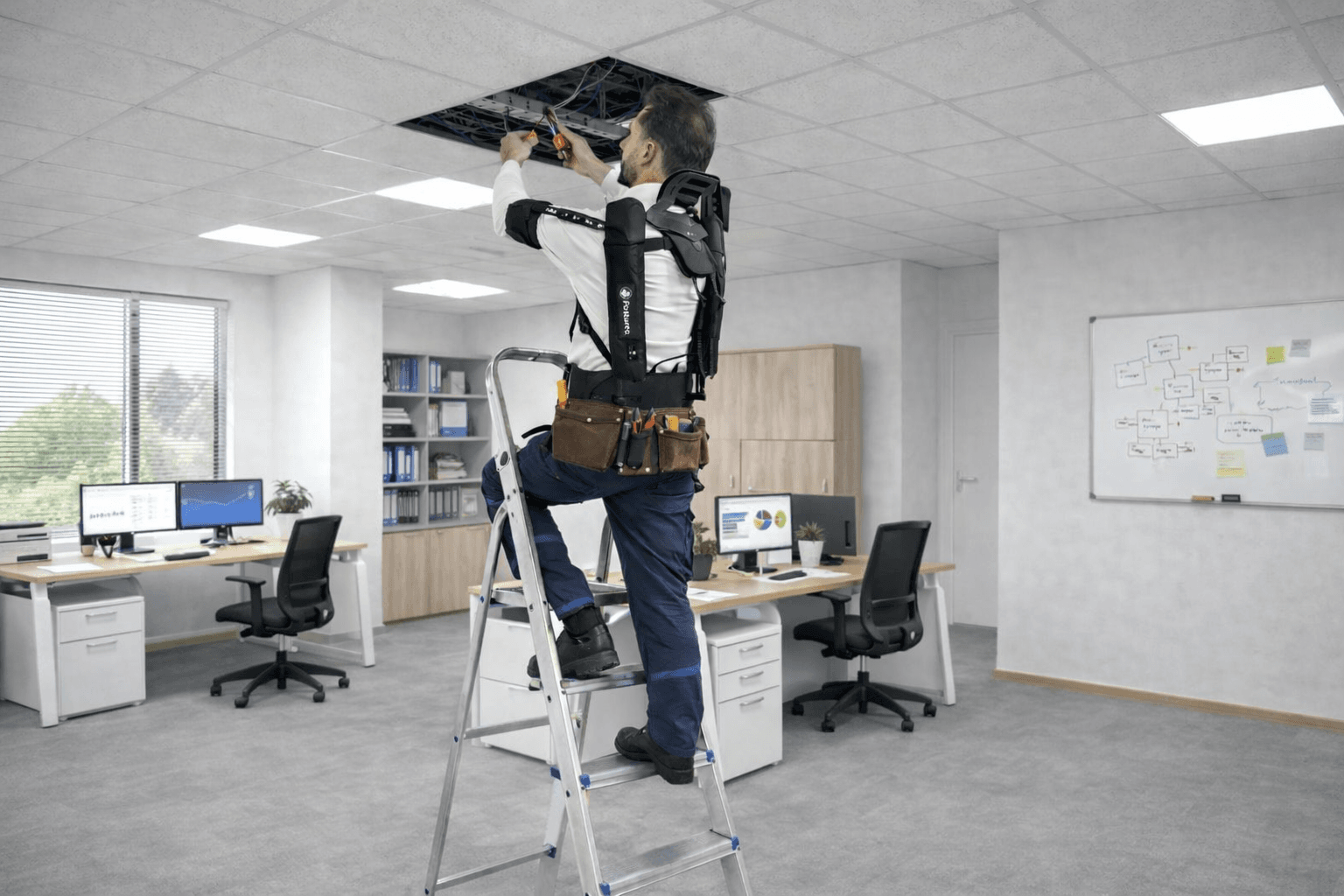 Électricien équipé d’un exosquelette intervenant au plafond depuis un escabeau dans un bureau