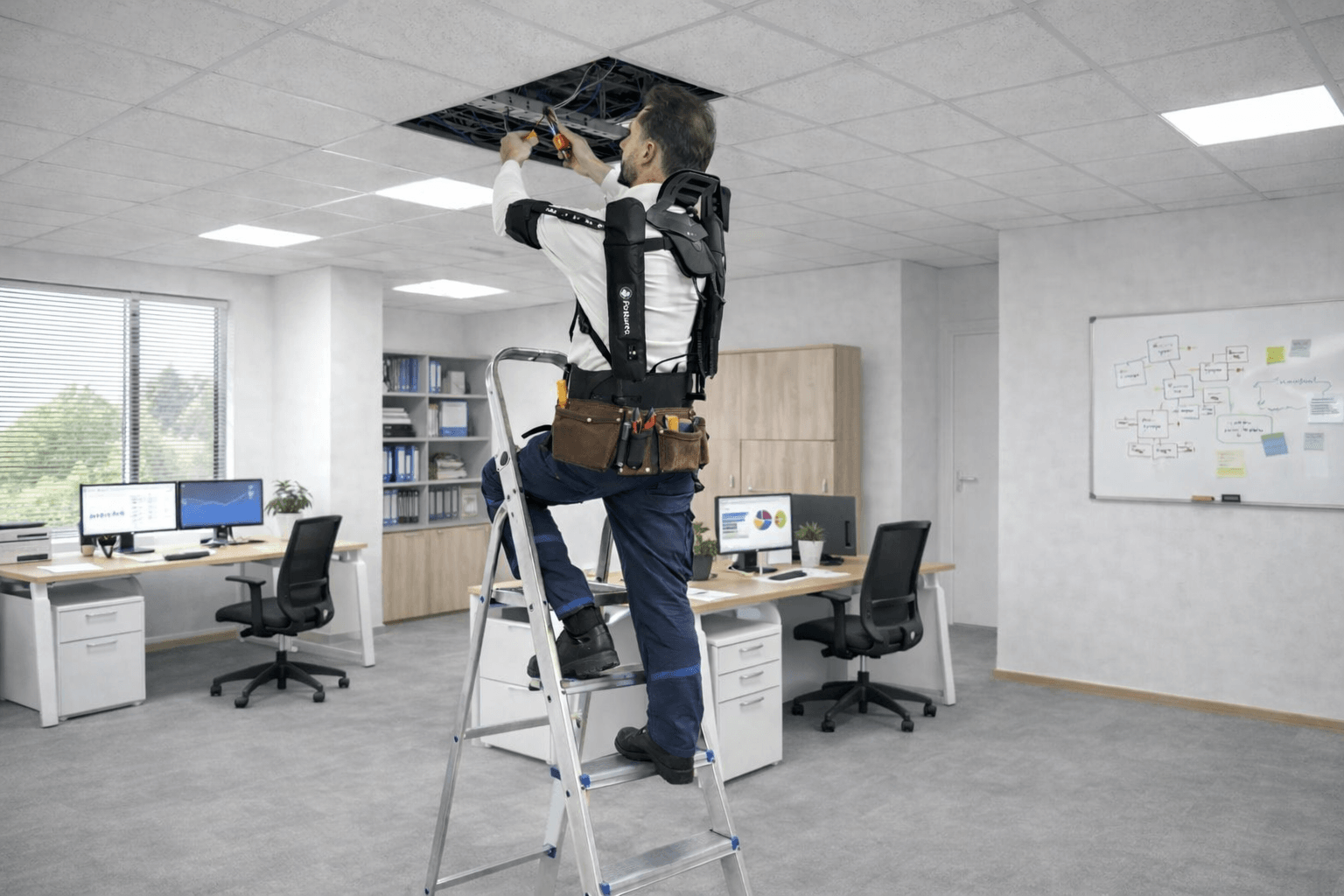 Électricien équipé d’un exosquelette intervenant au plafond depuis un escabeau dans un bureau