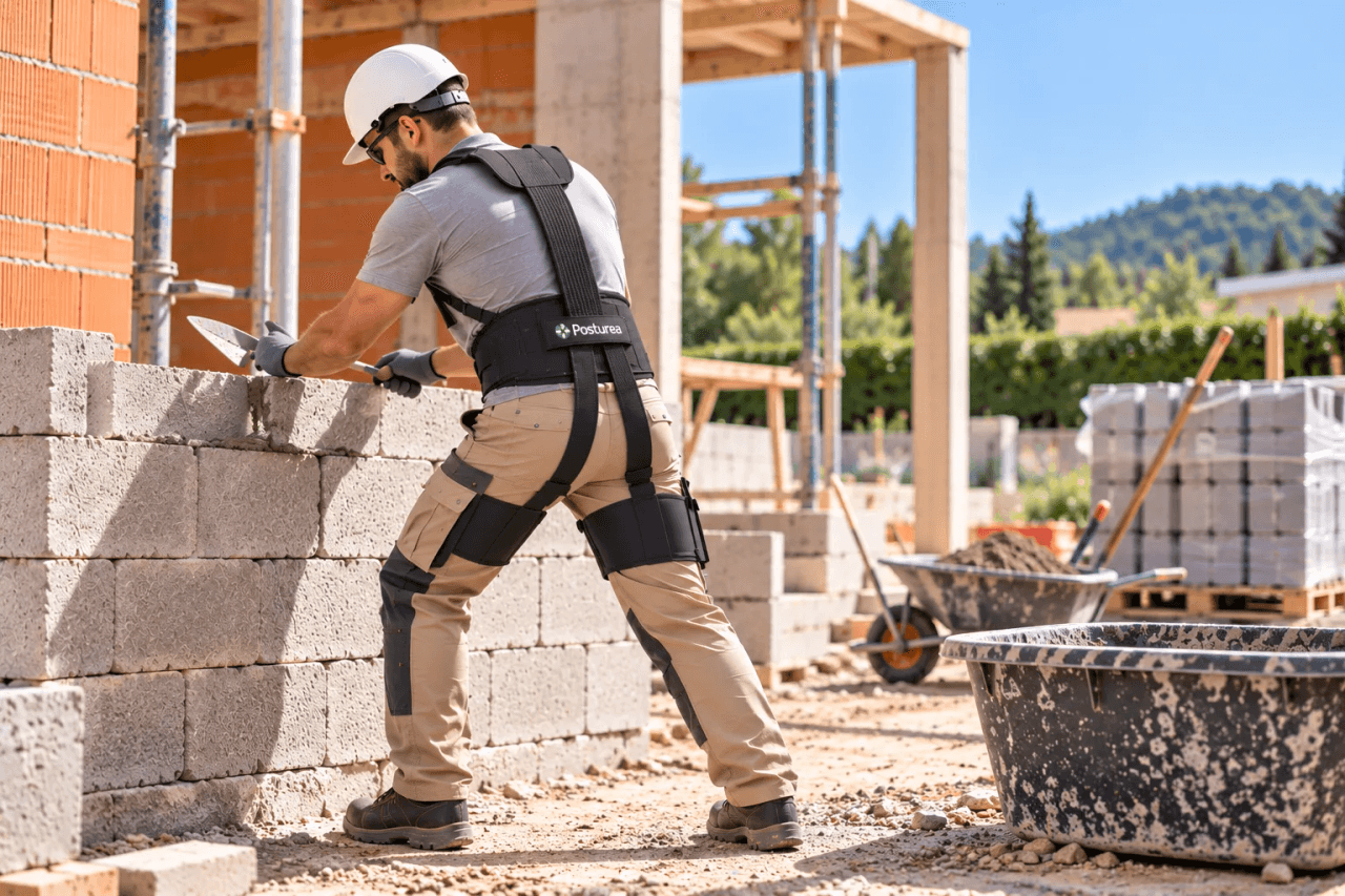 Maçon équipé d’un exosquelette posant des blocs sur un chantier