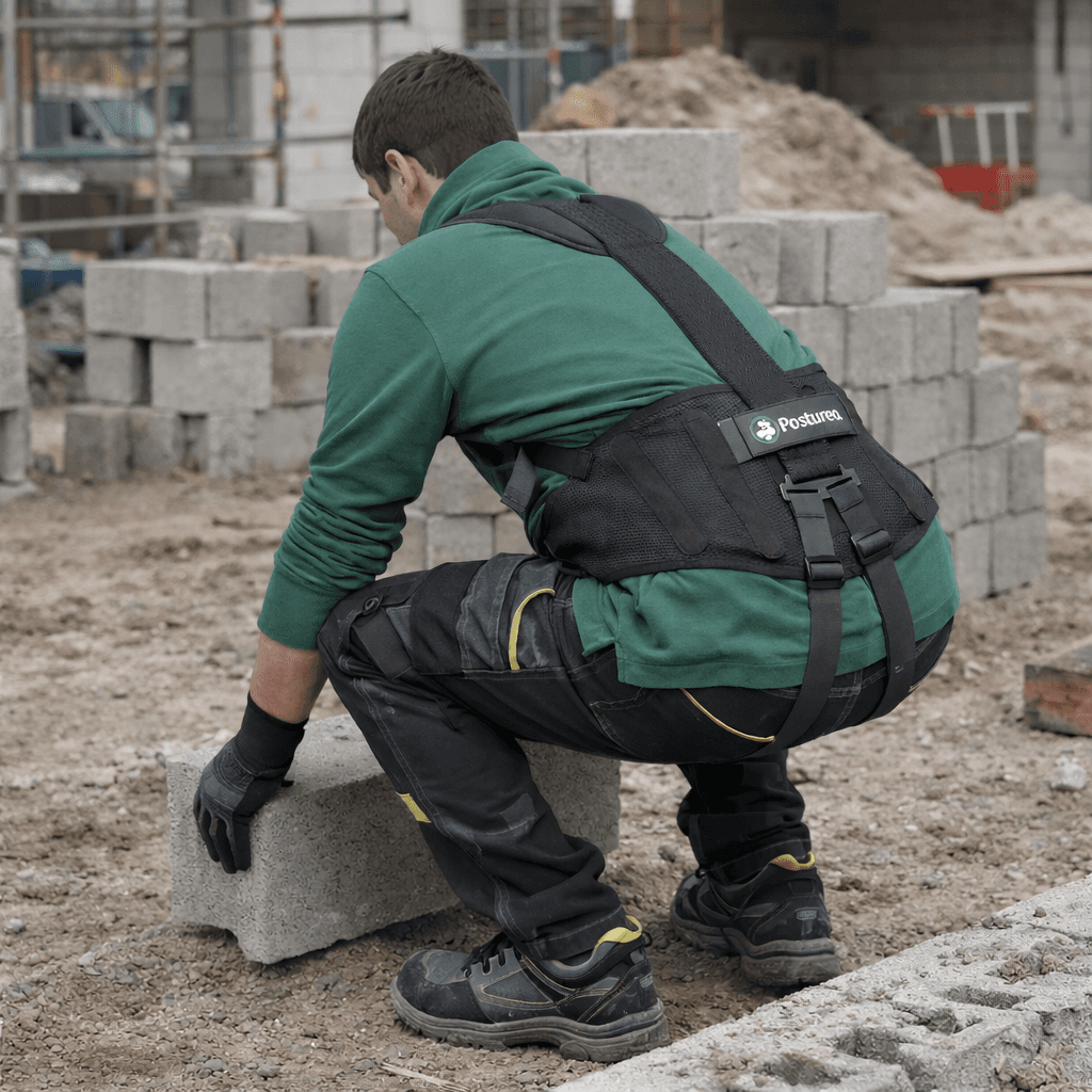 Maçon équipé d’un exosquelette manipulant un parpaing à hauteur basse