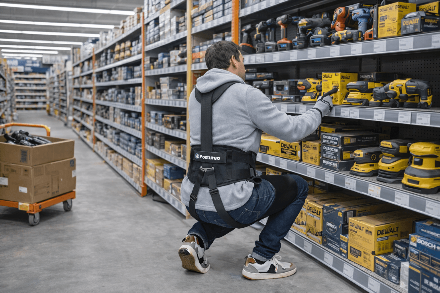 Professionnel équipé d’un exosquelette pendant une mise en rayon