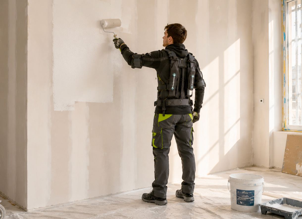 Professionnel portant un exosquelette Postureo pendant un travail de peinture