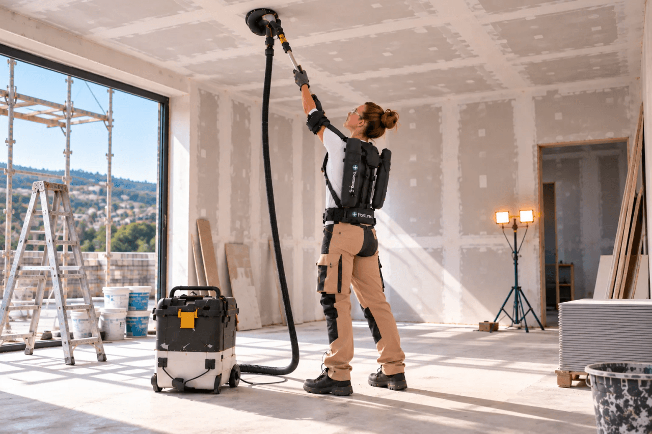 Plaquiste équipée d’un exosquelette ponçant un plafond en plaques de plâtre