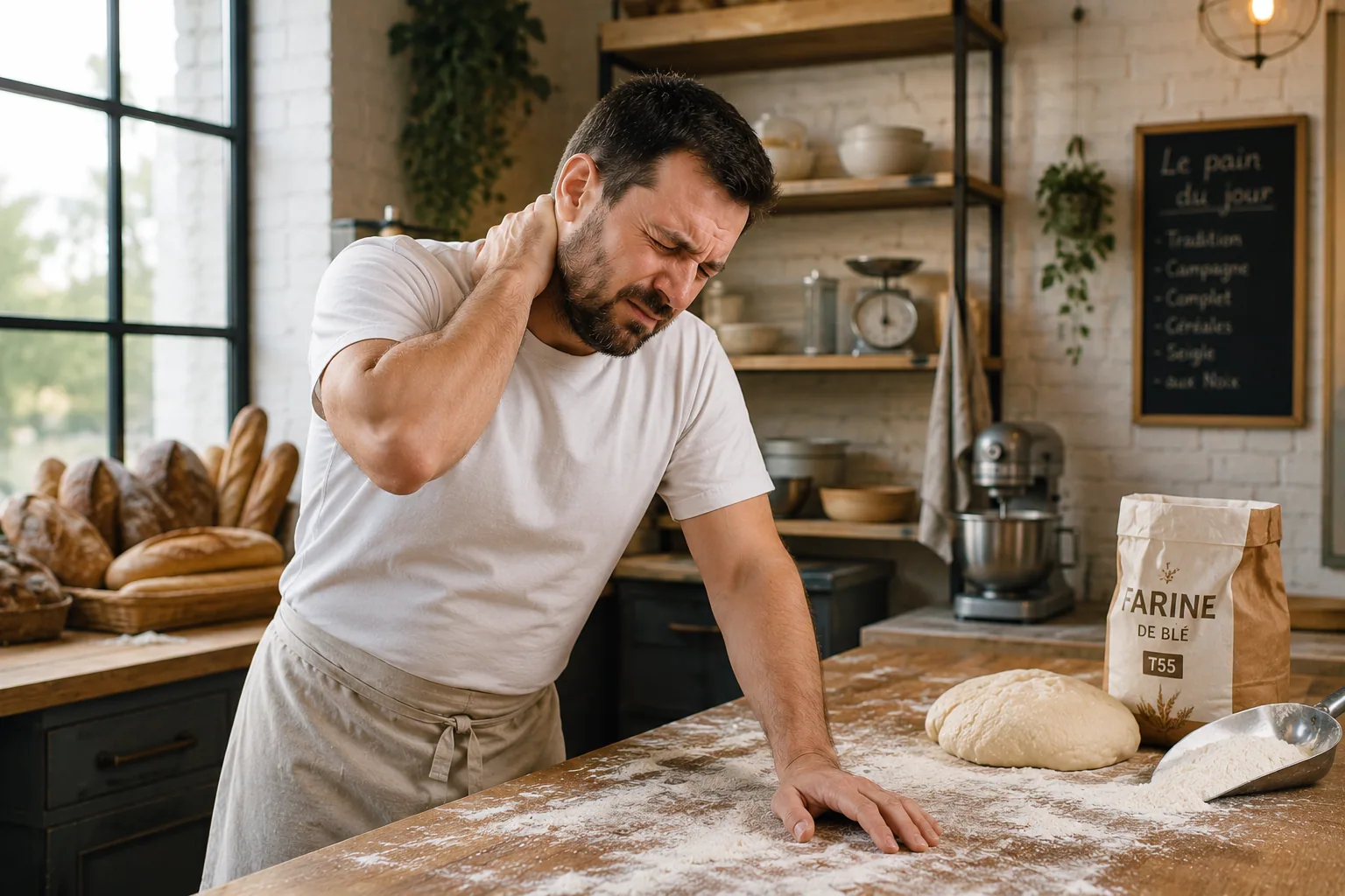 Boulanger se tenant la nuque devant son plan de travail