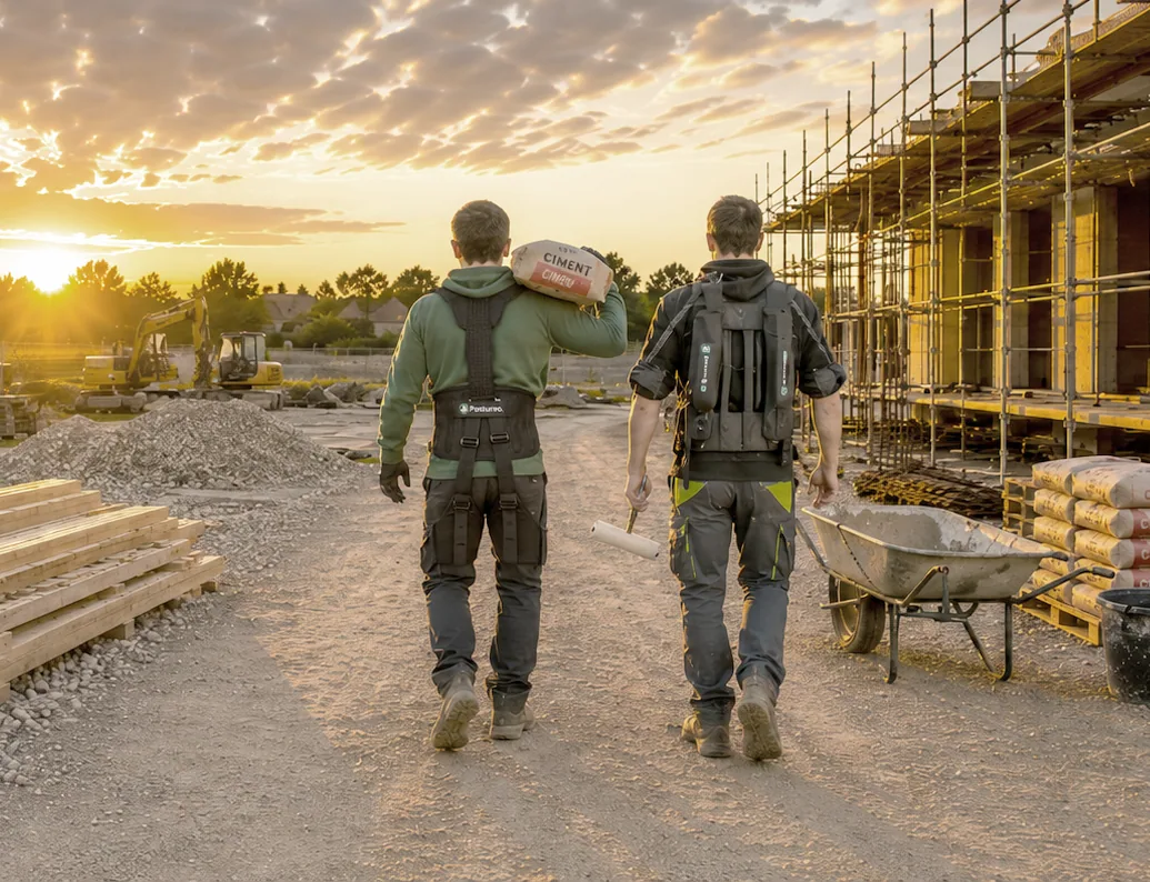 Deux professionnels équipés d’exosquelettes marchant sur un chantier