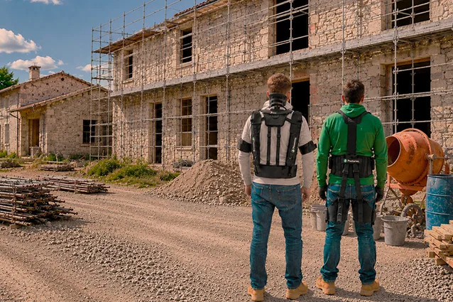 Deux professionnels équipés vus de dos sur un chantier